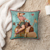 ヴィンテージウェスタン女性のカーボーイオン木馬 クッション (ブランケット)