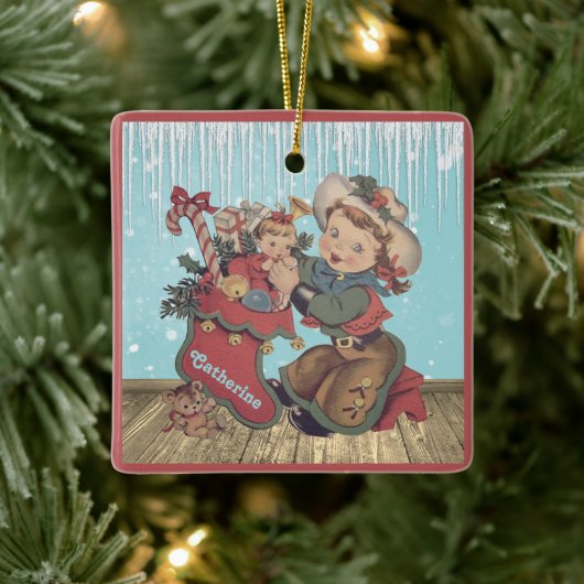 ヴィンテージウェスタン女性のカーボーイキッドとクリスマスストッキング セラミックオーナメント (ツリー)