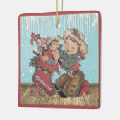 ヴィンテージウェスタン女性のカーボーイキッドとクリスマスストッキング セラミックオーナメント (左)