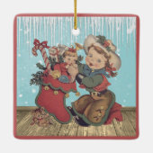 ヴィンテージウェスタン女性のカーボーイキッドとクリスマスストッキング セラミックオーナメント (裏面)