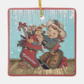 ヴィンテージウェスタン女性のカーボーイキッドとクリスマスストッキング セラミックオーナメント (正面)