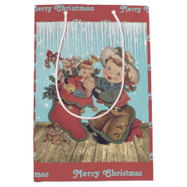 ヴィンテージウェスタン女性のカーボーイキッドとクリスマスストッキング ミディアムペーパーバッグ