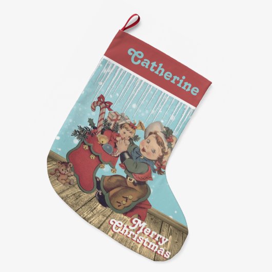 ヴィンテージウェスタン女性のカーボーイキッドとクリスマスストッキング ラージクリスマスストッキング (正面 (吊り時))