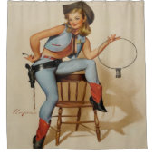 ヴィンテージウェスタン女性のカーボーイシェリフウィズジール鍵 シャワーカーテン (正面)