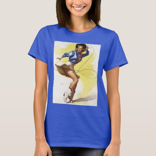 ヴィンテージウェスタン女性のカーボーイピンアップガール Tシャツ (正面)