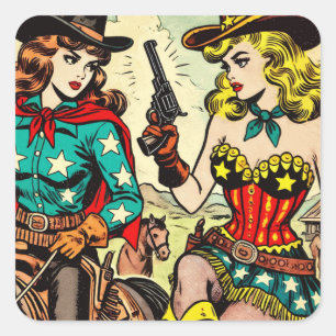 ヴィンテージウェスタン女性のカーボーイ漫画 スクエアシール