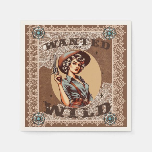 ヴィンテージウェスタン指名手配とワイルド女性のカーボーイカクテル スタンダードカクテルナプキン (正面)
