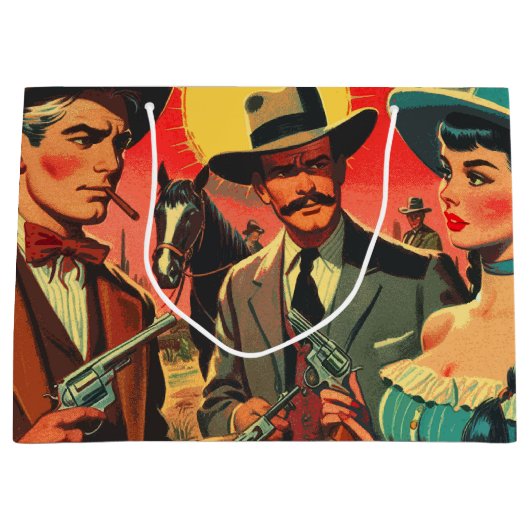 ヴィンテージウェスタン漫画イラストレーション ラージペーパーバッグ (正面)