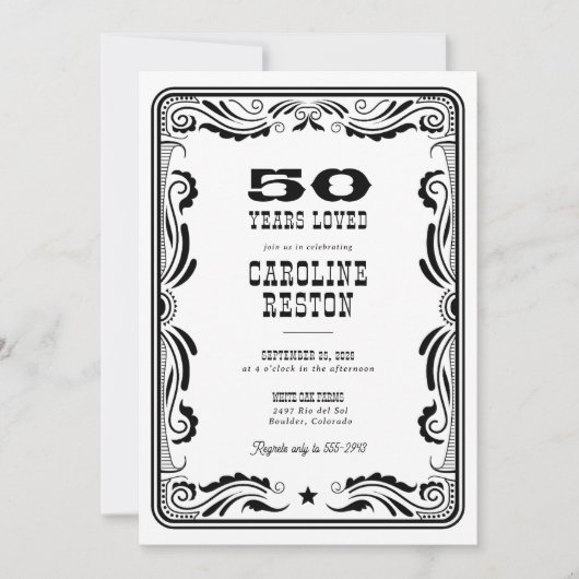 ヴィンテージウェスタン白黒カウボーイ素朴誕生日 招待状 (正面)