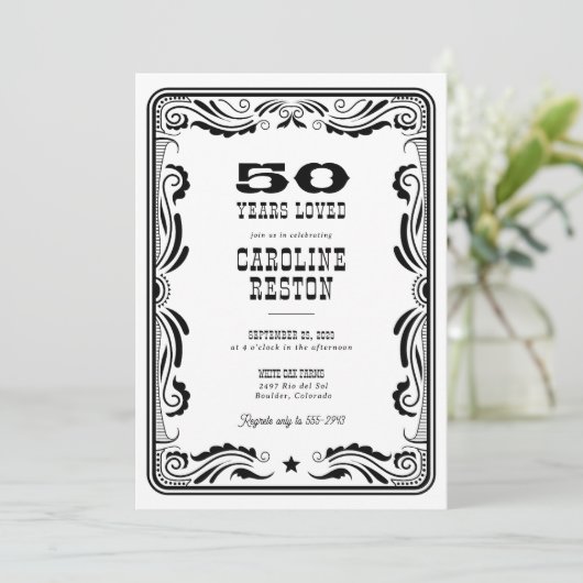 ヴィンテージウェスタン白黒カウボーイ素朴誕生日 招待状 (スタンド正面)