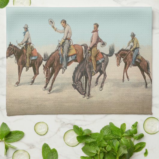 ヴィンテージウェスタン4カウボーイズオンバッキングホース キッチンタオル (折り畳み)