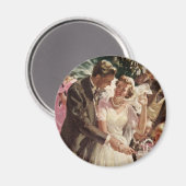 ヴィンテージウェディングの花嫁と新郎がケーキをカット マグネット (正面/裏面)