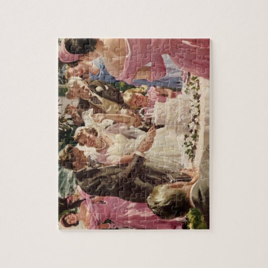 ヴィンテージウェディングの花嫁と新郎　新婚夫婦がケーキをカット ジグソーパズル (縦)