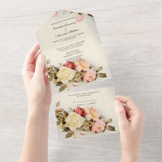 ヴィンテージウェディングアンティークガーデンバラ花 オールインワン招待状 (貼ってはがせる)