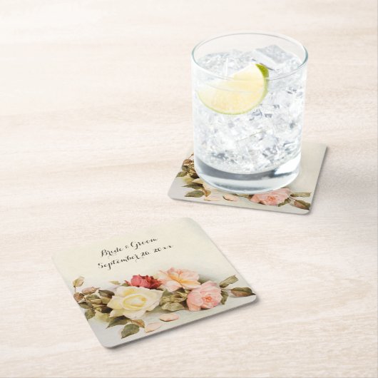 ヴィンテージウェディングアンティークガーデンバラ花 スクエアペーパーコースター (インサイチュ)