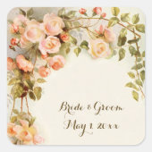 ヴィンテージウェディングアンティークピンクローズフラワー スクエアシール (正面)