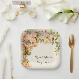 ヴィンテージウェディングアンティークピンクローズフラワー ペーパープレート