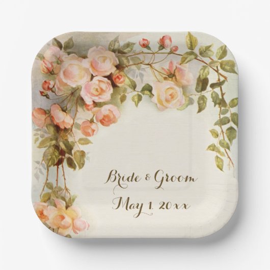 ヴィンテージウェディングアンティークピンクローズフラワー ペーパープレート (正面)