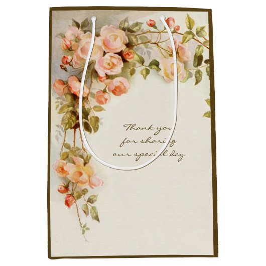 ヴィンテージウェディングアンティークピンクローズフラワー ミディアムペーパーバッグ (正面)