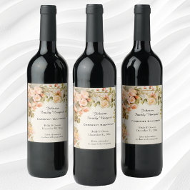 ヴィンテージウェディングアンティークピンクローズフラワー ワインラベル