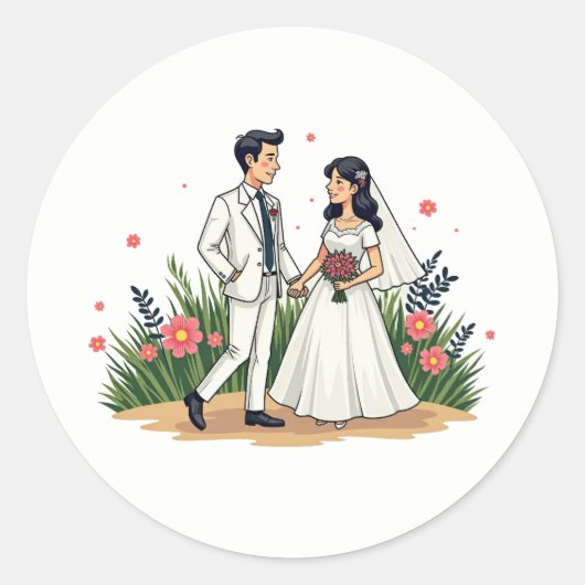ヴィンテージウェディングカップルのステッカー ラウンドシール (正面)