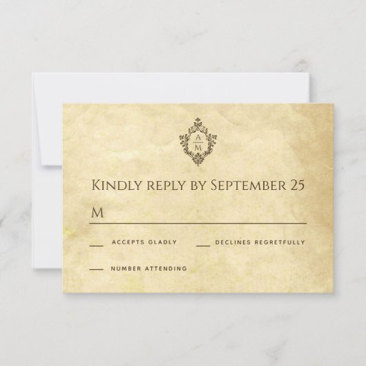 ヴィンテージウェディングクレストモノグラムアンティークオールド紙 出欠カード (正面)