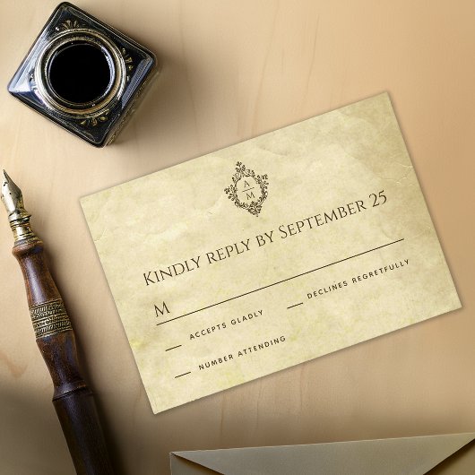 ヴィンテージウェディングクレストモノグラムアンティークオールド紙 出欠カード