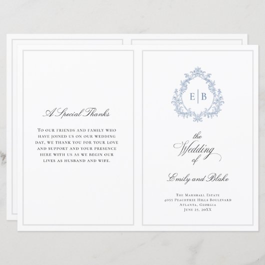 ヴィンテージウェディングクレスト折り畳み結婚式 プログラム (正面/裏面)