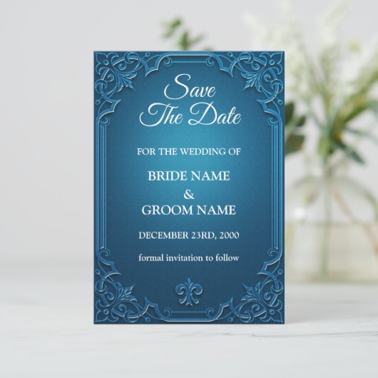 ヴィンテージウェディングジオメトリックティール（緑がかった色）ターコイズエレガントS セーブザデート (スタンド正面)