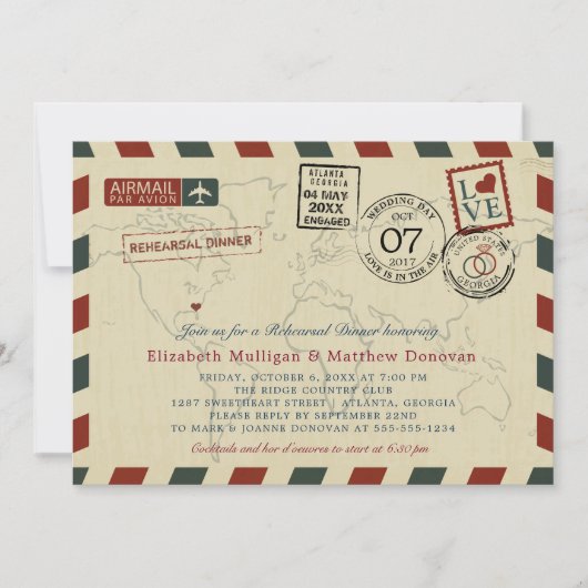 ヴィンテージウェディングジョージアエアメールリハーサルディナー 招待状 (正面)