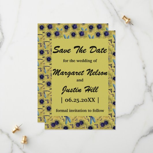 ヴィンテージウェディングタンデリオンとドラゴンフライをテーマにした セーブザデート (正面/裏面インサイチュ)