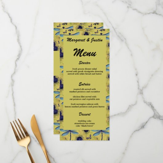 ヴィンテージウェディングタンデリオンとドラゴンフライをテーマにした メニュー (正面/裏面インサイチュ)