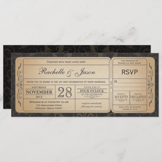 ヴィンテージウェディングチケット招待状とRSVP 3.0 招待状 (正面/裏面)