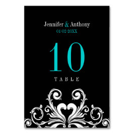 ヴィンテージウェディングティール（緑がかった色）ブラックテーブルナンバーカード テーブルナンバー