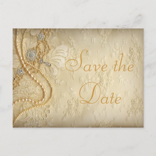 ヴィンテージウェディングドレス真珠の日付を保存 案内ポストカード (正面)