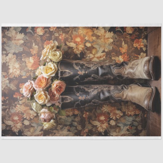 ヴィンテージウェディングフローラカウボーイブーツデコパージュ 薄葉紙 (正面)