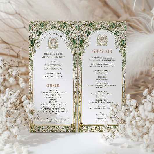 ヴィンテージウェディングプログラムアイボリー、グリーン&金ゴールド プログラム