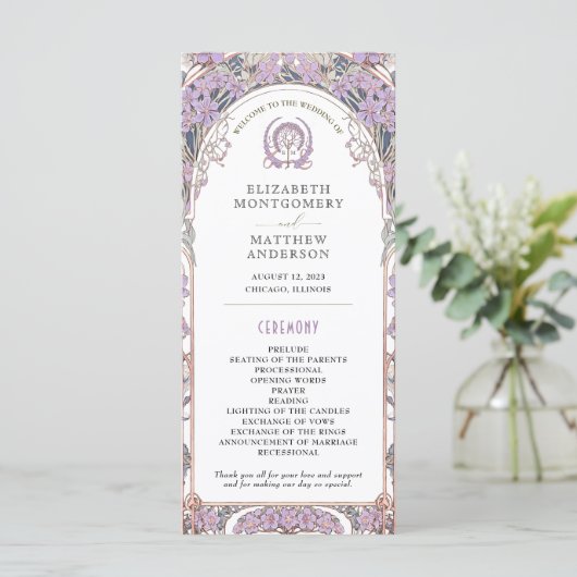 ヴィンテージウェディングプログラムアイボリー、プラム&金ゴールド プログラム (スタンド正面)