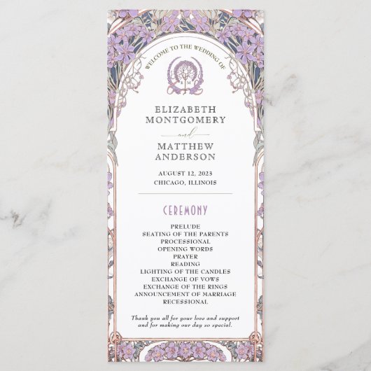 ヴィンテージウェディングプログラムアイボリー、プラム&金ゴールド プログラム (正面)