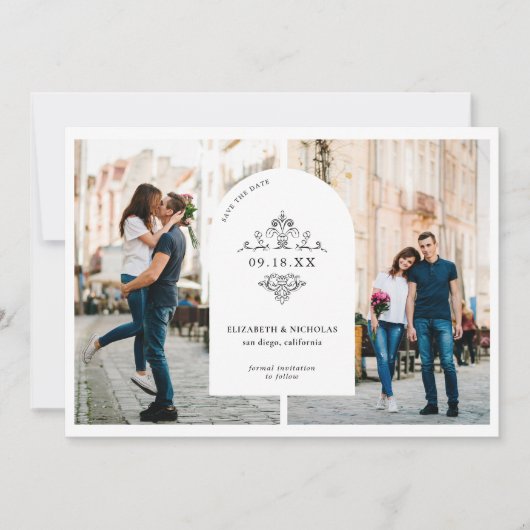 ヴィンテージウェディングモノグラム | 3写真日付の保存 セーブザデート (正面)