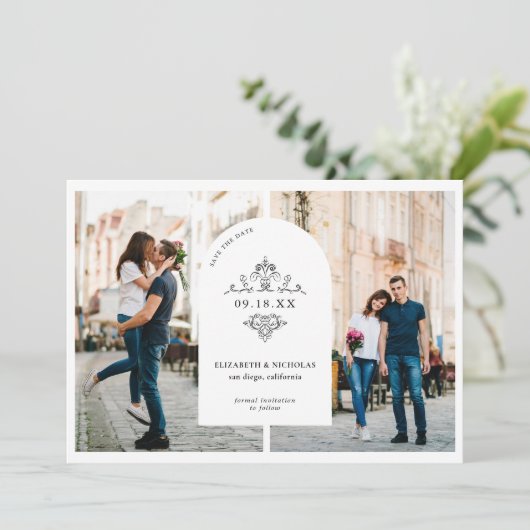 ヴィンテージウェディングモノグラム | 3写真日付の保存 セーブザデート (スタンド正面)