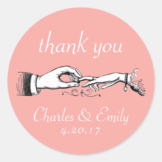 ヴィンテージウェディングリングや輪サンキューコーラルステッカー ラウンドシール (正面)