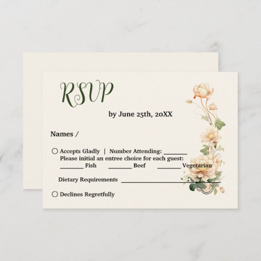 ヴィンテージウェディングロータス花 出欠カード (正面/裏面)