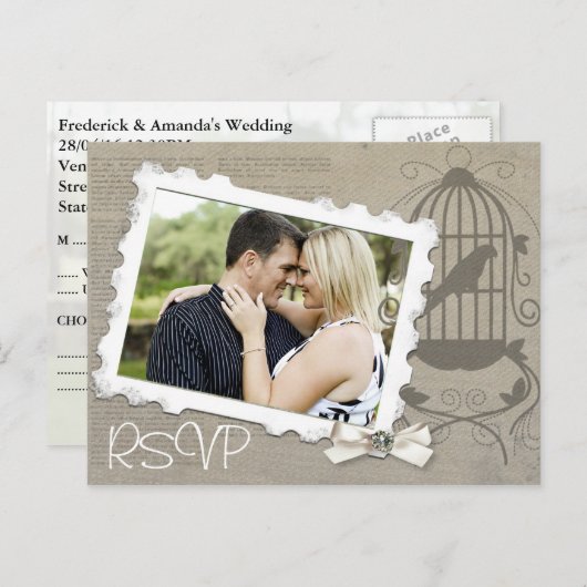 ヴィンテージウェディング招待状RSVP with Photo インビテーションポストカード (正面/裏面)