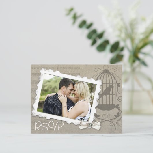 ヴィンテージウェディング招待状RSVP with Photo インビテーションポストカード (スタンド正面)