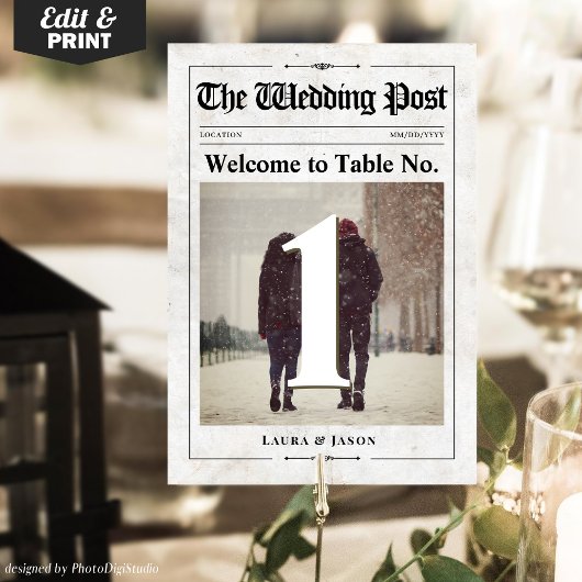 ヴィンテージウェディング新聞フォトテーブル番号カード テーブルナンバー