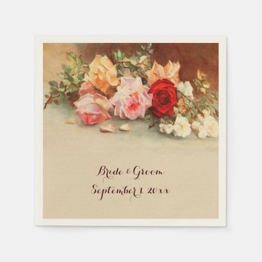 ヴィンテージウェディング、アンティークバラ花はまだ生活 スタンダードカクテルナプキン (正面)