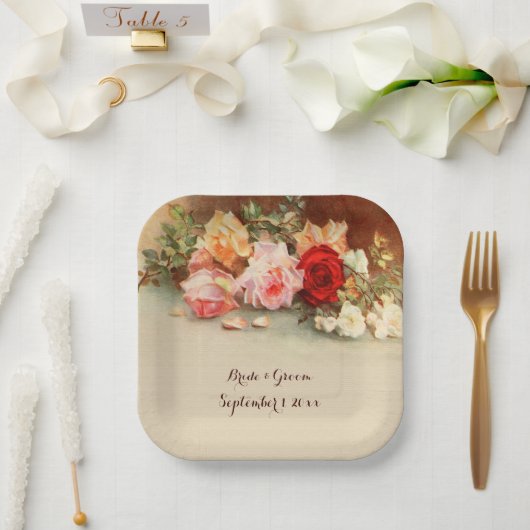 ヴィンテージウェディング、アンティークバラ花はまだ生活 ペーパープレート (ウェディング)