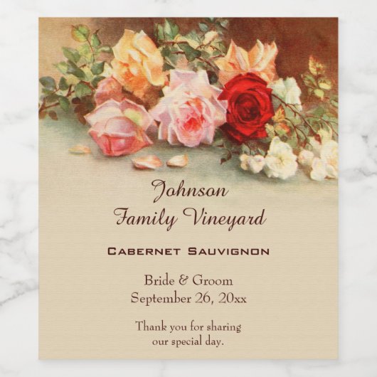 ヴィンテージウェディング、アンティークバラ花はまだ生活 ワインラベル (シングルラベル)