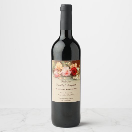 ヴィンテージウェディング、アンティークバラ花はまだ生活 ワインラベル (正面)